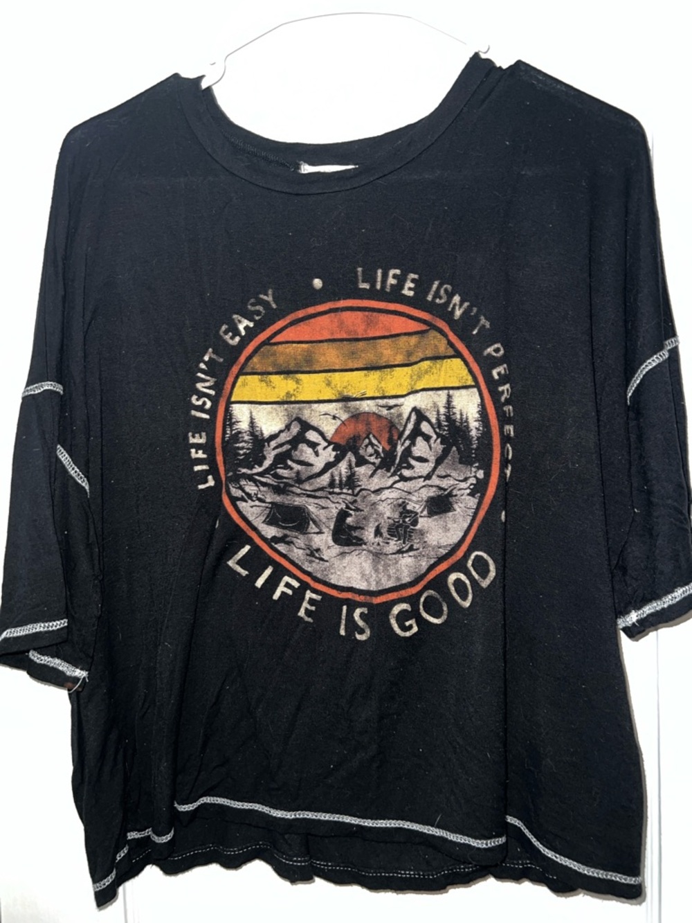 Life Is Good Black Tee with Sunset Mountain Graphic
